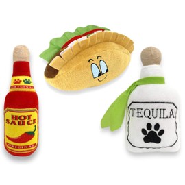 3 Pack Fiesta Dog Chew Toy - Mexican Squeak Plush Toys - Dog Gifts for Chihuahuas - Taco - Tequila - Hot Sauce
