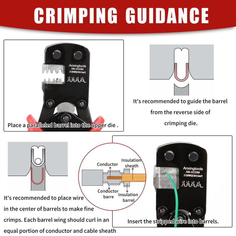 Anxingtools Micro Connector Pin Crimping Tool 0.03-0.52mm² 32-20AWG Ratchet Crimper