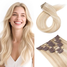 TESS Seamless Clip in Hair Extensions Human Hair Remy Clip ins Natural Soft Straight 8pcs 18Clips, 10 Inch, Camel Mixed Light Gold
