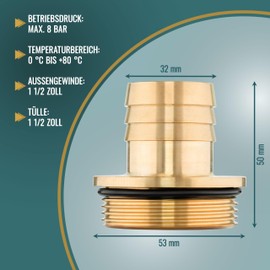 Poppstar Hose Nozzle 1 1/2 Inch Male (47.80 mm) to 1 1/4 Inch Nozzle (32 mm), Brass, with Collar and O-Ring