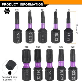 HARFINGTON 10pcs T7-T40 Torx Screwdriver Bit 1/4" Hex Shank 25mm/1" Length Magnetic Star 6 Point Head Hex Bits S2 Steel Screw Driver Bit Industrial Grade Electric Drill Bits