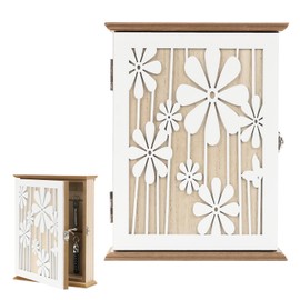 mumisuto Modern Wooden Key Box with 6 Key Hooks, Decorative Key Cabinet with White Flowers Pattern for Keys, Jewellery, Small Items, 26 x 20 x 6 cm