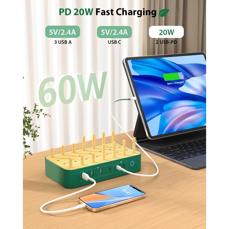 VisionSync Bamboo USB-C Charging Station for Multiple Devices,60W 6 Port