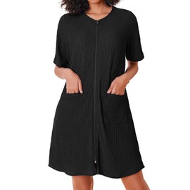 Ekouaer Women Zipper Robe Short Sleeves House Dress Knit Short Bathrobe Sleepwear with Pockets Housecoat Nightgown