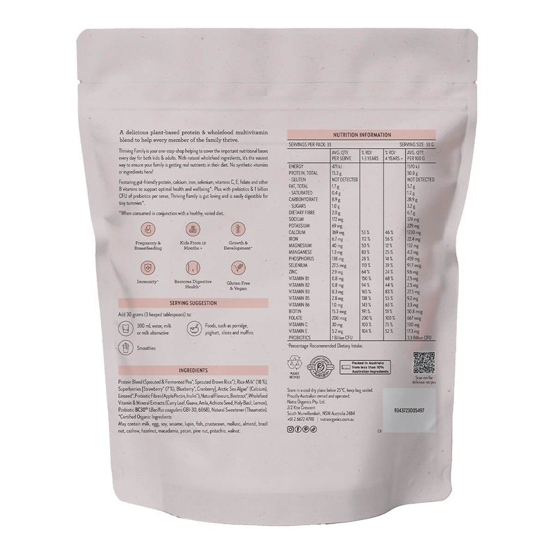 Nutra Organics Thriving Family Protein - Strawberries & Cream, 450g