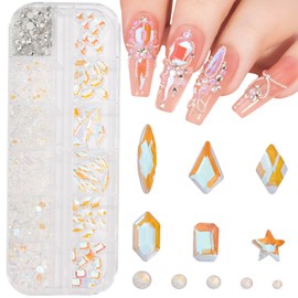 DZHILHMX Nail Rhinestones - 3D Multi Shape Size, Aurora Crystals, Beads, Flat Back, Gems Rhinestones, for Nail Art and DIY Decor