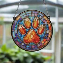 Image Industry Paw Print Stained Glass Effect Suncatcher - Garden Gift - Dog Gift - Cat Gift - Pet Memorial (19cm)