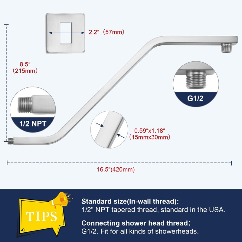 Square Shower Head Extension Arm with Flange, 16.5 Inch Z/S
