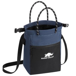 Rhino Valley Chalk Bag for Rock Climbing, No Leak Magnetic Climbing Chalk Bag with Handle, Climbing Chalk Bucket Gear with Adjustable Belt Zipper Pockets for Cross Fit, Weight Lifting,Denim Blue+Black