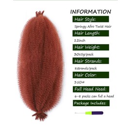 3 Packs Springy Afro Twist Hair with Crochet Hook, 12 Inch Ginger Pre-Separated Marley Crochet Braiding Hair for Distressed Soft Locs, Synthetic Hair Extension for Black Women(350#)