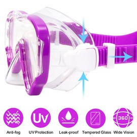 HIKOTEY Swimming Goggles Children, Diving Goggles Children 4-16 Years with Anti-Fog, Diving Mask with Earplugs, Anti-Leak Snorkel Mask for Children, Boys, Girls - Purple