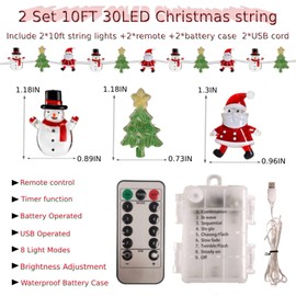 JOYFULPARTNER 2 Set Christmas Tree Santa Snowman Lights Decorations, 10FT 30LED Battery Operated Christmas Lights Indoor String Lights w/Timer Remote Decorative Fairy Lights Xmas Bedroom Party Decor