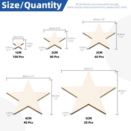 Glarks 300pcs 1/2/3/4/5CM Unfinished Wooden Stars, 5 Sizes Wooden Stars Ornament, Blank Wooden Love Stars, Unfinished Wood Stars Cutouts, Blank Wood Stars Slices for Wedding Birthday Party Decoration