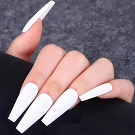 LoveOurHome 100pc Coffin Press on Nails Long Fake Nails White Matte Full Cover False Nails Press ons Artificial Nail Medium Ballerina Fake Fingernail Presson on Nail Tips for Women Kids Girls