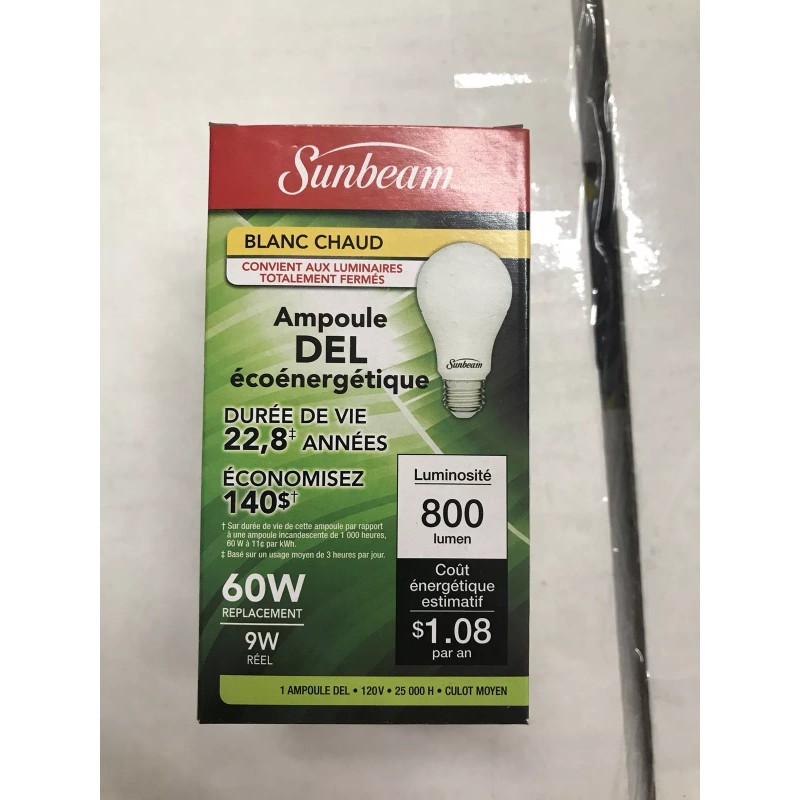Sunbeam A-19 9W LED Warm White Light Bulb 22.8 Year