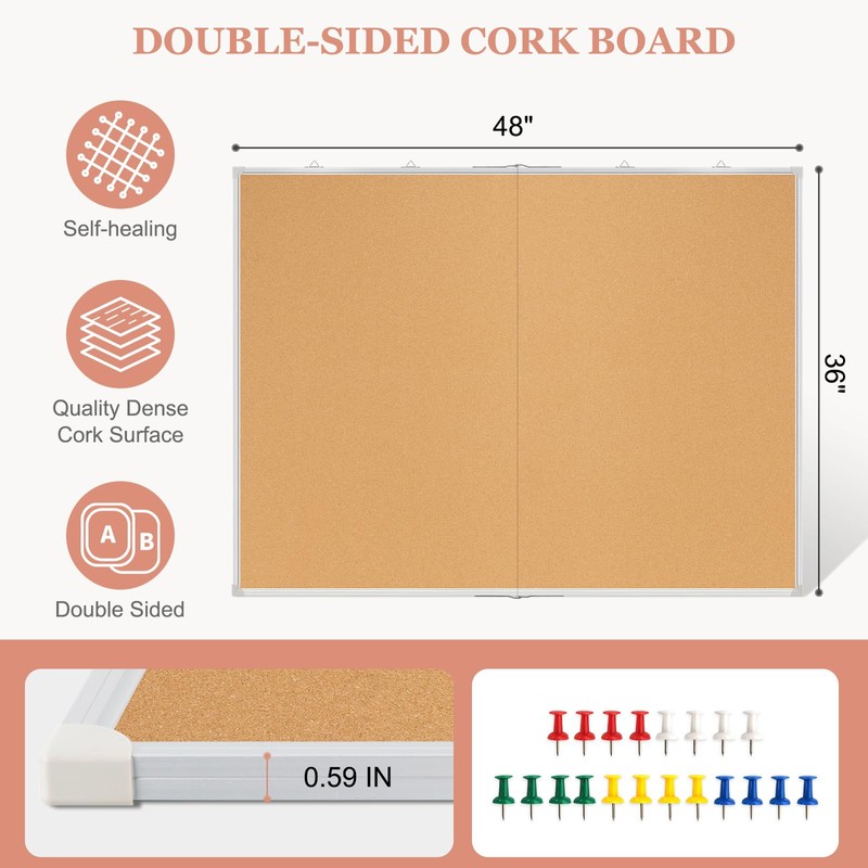 AMUSIGHT Double-Sided Large Cork Board, 48" x 36" Foldable Hanging