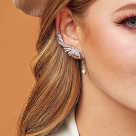 Yienate Fashion Silver Feather Earrings Angel Wings Crawler Climber Water Drops Shiny Zircon Rhinestones Ear Bones Clip Stud Earrings for Women and Girls
