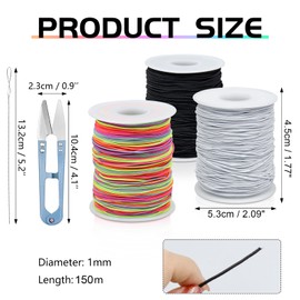 FIVEIZERO Black White Colorful Elastic Cord,1mm,1.2mm,1.5mm 3 Rolls Elastic Stretchy String for Bracelets, Necklace, Jewelry Making and Crafts with Beading Needle and Scissors