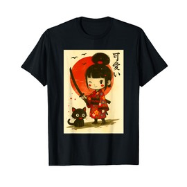 Cute Samurai Girl with Katana & Cat Japan Anime T-Shirt T-Shirt