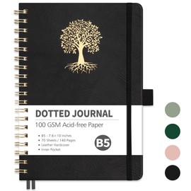 RETTACY Bullet Dotted Journal, B5 Spiral Dotted Journal Notebook with 140 Pages, 7.6" × 10", Medium Size, 100 GSM Thick Paper, Leather Hardcover, Bullet Journaling, Planning, Tracking (Black)