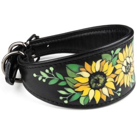 FAVPET Hand-Painted Genuine Leather Greyhound Collar Wide with QR Code Pendant, Soft Leather Dog Whippet Italian Wind Chime Saluki Lurcher Spanish Galgo Podenco (Sunflower, XS)