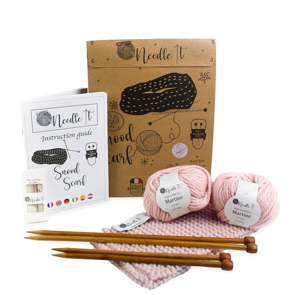 NEEDLE IT® Knitting Kit Knitting Wool Beginner with Knitting Needles Pink Snood DIY for Kids or Adults Gift Idea Craft (Pink)
