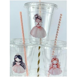 Pink Princess Party Cups with Lids & Straws, Disposable Drink or Favor Containers, Set of 12