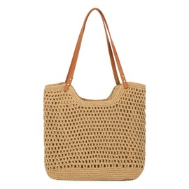 MEGAUK Women Vacation Style Tote Bag Large Capacity Beach Bag Straw Woven Shopping Handbag (08550 Khaki)