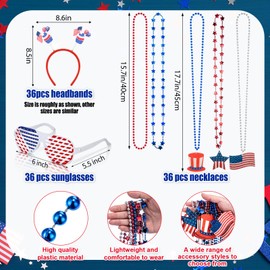 Aurelema 108 Pcs 4th of July Accessories Patriotic Party Favors Supplies 36 Patriotic Head Boppers Headbands 36 Shutter Glasses 36 Flag Necklaces Red Blue White Decorations Memorial Independence Day