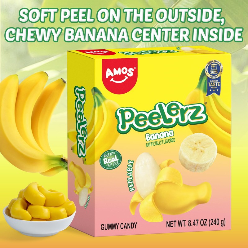 AMOS Peelerz Banana Gummy Candy, Peelable Fruit-Shaped Candy, 8.47oz Box
