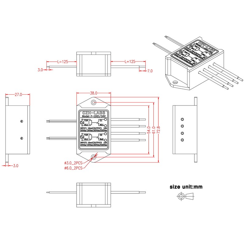 Electronics-Salon 1PCS Dual SPST-NO 10Amp Power Relay Module, AC/DC 24V