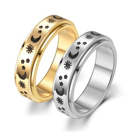Stainless Steel Anxiety Band Ring 6mm Star Moon Sun Flower Ring Relieving Stress Engagement Cool Jewelry for Women Men Couple (Gold, 9)