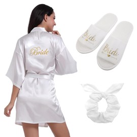Bride Robe, Bride Dressing Gown Slippers and Hair Band Set, Bridal Robes for Birde and Bridesmaid Suitable for Wedding, Role Play, Party (White L Size Short Style)