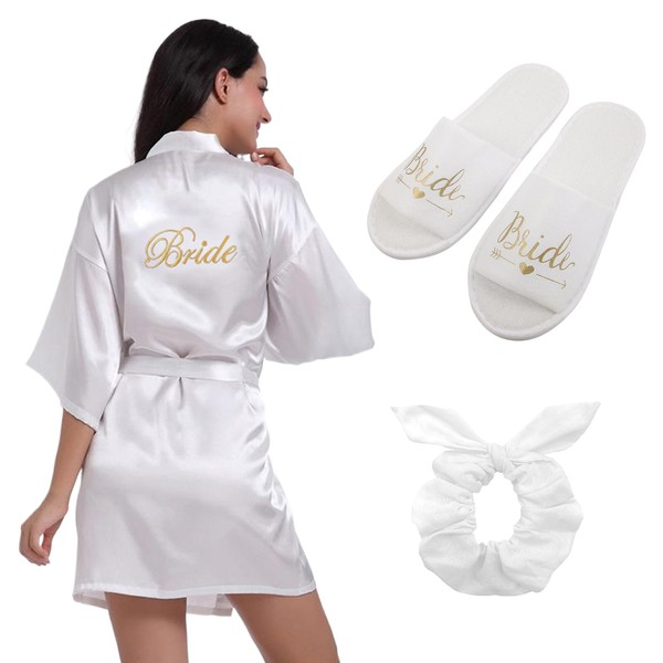 Bride Robe, Bride Dressing Gown Slippers and Hair Band Set,