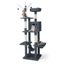 BOWHAUS Tall Cat Tree for Indoor Large Cats or Kittens, Multi-Level Cat Activity Tree with Scratching Posts, Hammock, Cat Cave Condo, Modern Cute Small Cat Climbing Tower with Widened Perch