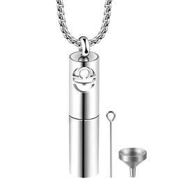 JewelryWe Jewellery Zodiac Urn Necklace Stainless Steel 12 Constellation Horoscope Zodiac Memorial Ash Urn Cylinder Pendant with 60 cm Chain Men Women Memorial Gift, Stainless Steel