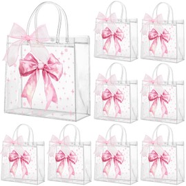 Wesnoy 24 Pcs Pink Bow Clear PVC Gift Bags with Handles Coquette Bowknot Party Favor Reusable Plastic Candy Treat Tote Bags for Wedding Birthday Baby Shower Valentine's Day Party Supplies (Bow)