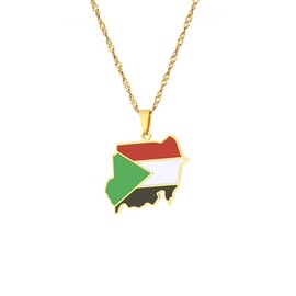LUTAKU Republic of Sudan Map and Flag Necklace for Women Men, Republic of Sudan Necklace Pendant Charm, Stainless Steel Map Jewelry Accessories (gold)