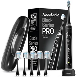 Aquasonic Black Series PRO - Cepillo de dientes eléctrico ultra blanqueador - 5 modos y temporizadores inteligentes - Estuche de viaje premium y 6 cab