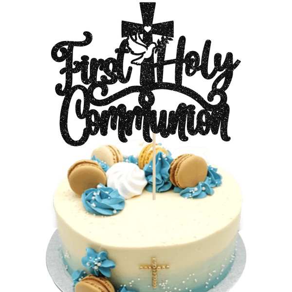1 decoración para tartas de primera comunión con purpurina negra con cruz de paloma, decoración para tartas de primera comunión para niños, decoración de tartas de Dios bendiga