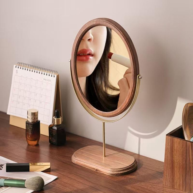 Tstarer Desk Makeup Mirror with Solid Wood,Elliptical Vanity Table Mirror
