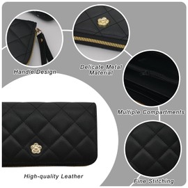 WisePoint Women's Purse, PU Leather Women's Wallet with Wrist Strap, Rhomboid Pattern Credit Card Holder with Zip, Large Capacity Long Clutch Purse, black, Elegant