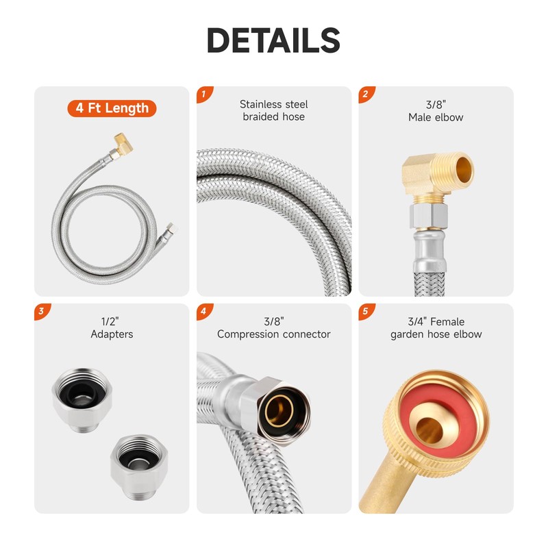Roastove Universal Dishwasher Installation Kit,4 Ft Stainless Steel Dishwasher Hose,Burst