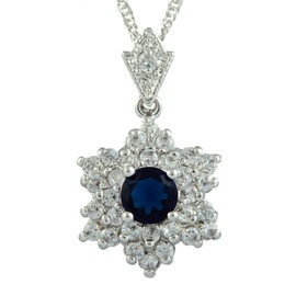 RIZILIA Blossom Pendant with 45cm(18") Chain & Round Cut Gemstones CZ [Blue Sapphire] in 18K White Gold Plated, Simple Modern Elegance