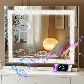 Fenair Vanity Mirror with Lights and Bluetooth Speaker 22.8* 18.1’ Hollywood Mirror with Crystal Light Strip Makeup Mirror, 3 Color LED Mirror USB Charging Port, 10X Magnification, Smart Touch, White