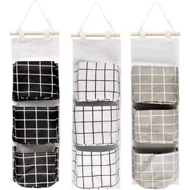 KAHEIGN 3pcs Hanging Bag Hanging Storage Bag 60 x 20 cm Foldable Linen Fabric Waterproof Wall Hanging Organiser with 3 Pockets for Children's Room Bathroom Bedroom