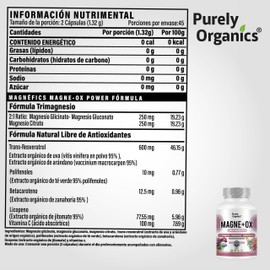 Magne+Ox. Suplemento con Magnesio y Antioxidantes como Resveratrol, Polifenoles, Betacaroteno, Licopeno y Vitamina C para una Suplementación Completa y Equilibrada. 90 Cápsulas, Purely Organics.