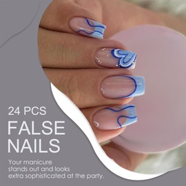 Blue French Press On Nails – Long Square Coffin Fake Nails with Heart & Stripe Design, 24Pcs Glossy Full Cover Acrylic Nail Tips, Reusable & Long-Lasting, Easy DIY for Women’s Daily Wear