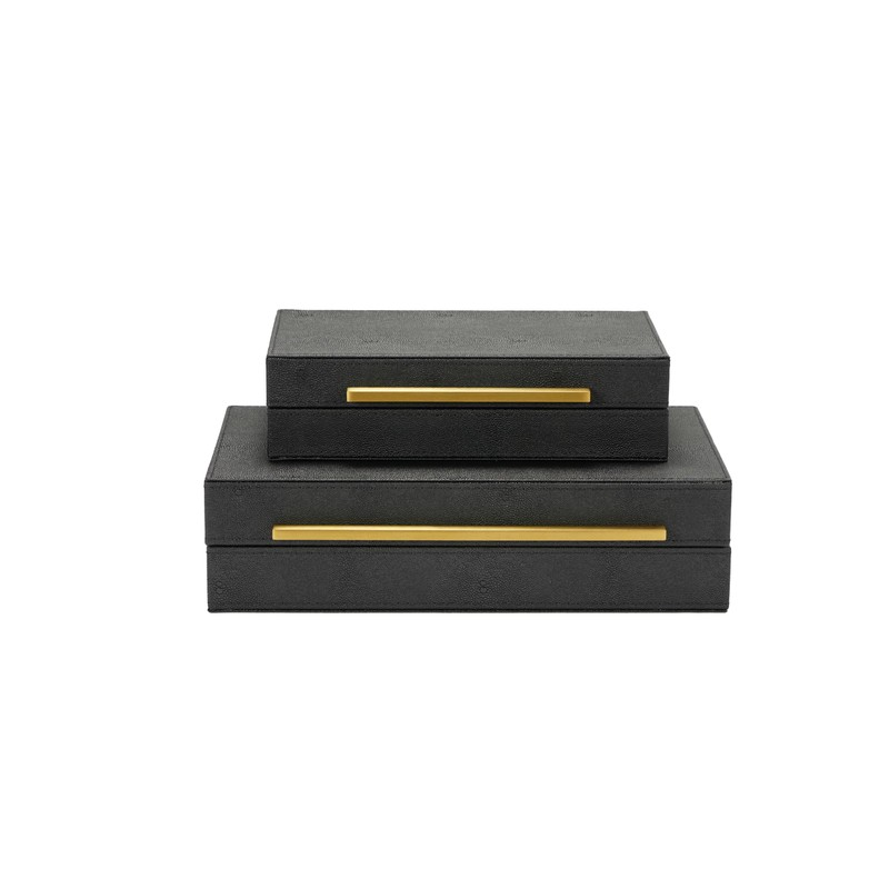 Set of 2 Black Shagreen Leather Decorative Boxes With Gold