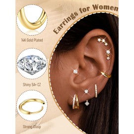 Sanfenly Small Stud Hoop Earrings for Women - 7 Pairs Hypoallergenic 14K Gold Plated Huggie Earring Sets for Multiple Piercing Dainty Earring Stacks Cute Silver Cartilage Jewelry